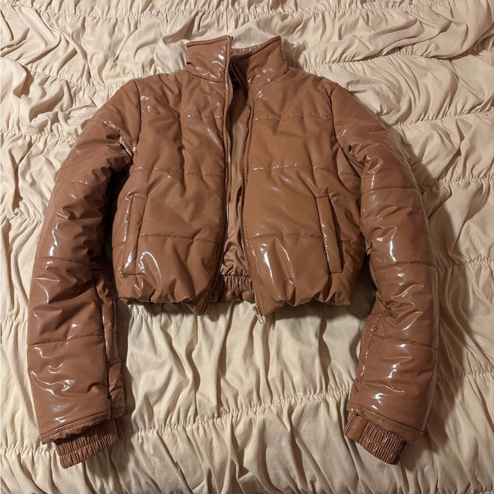 Women's Glossy Brown Puffer Jacket